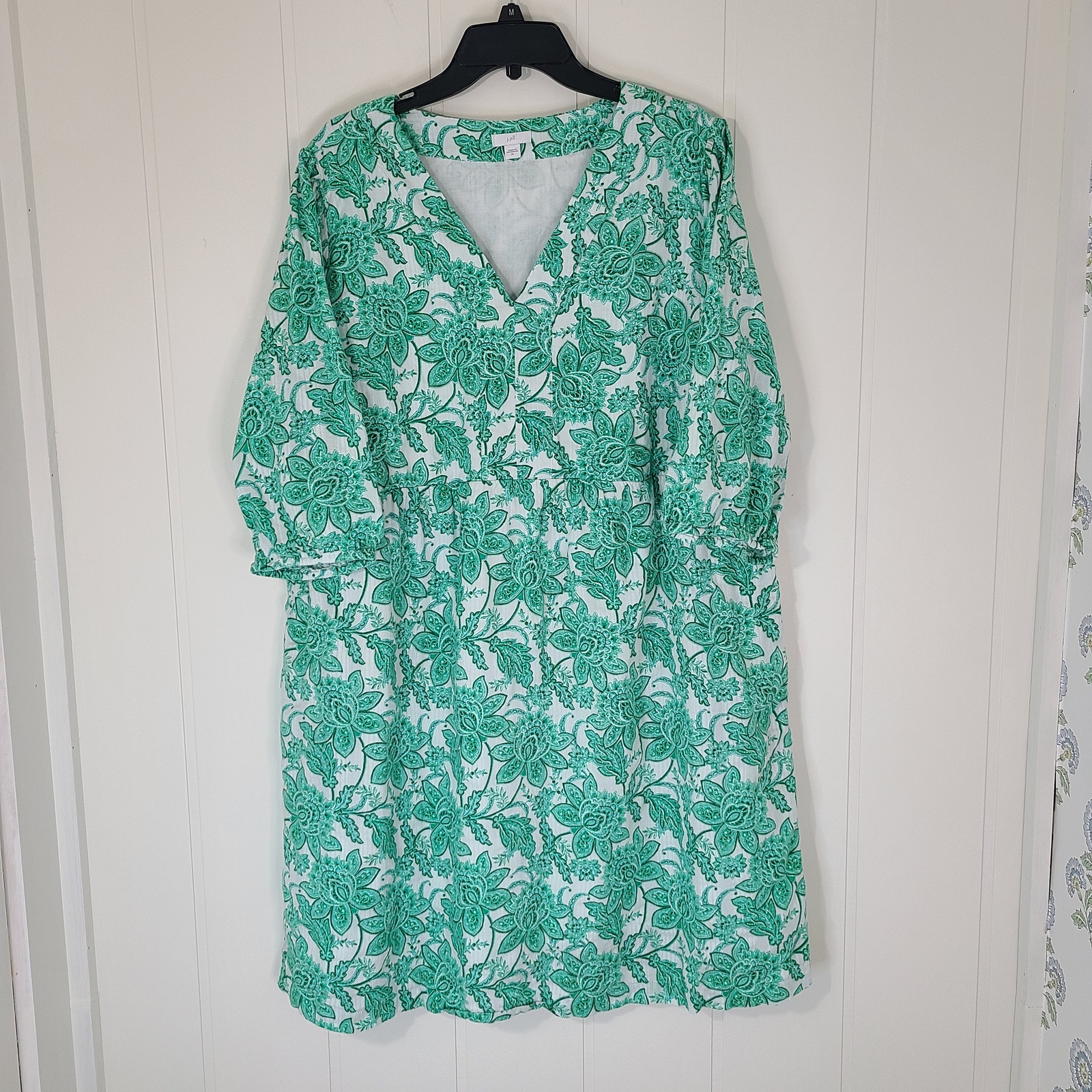 J. Jill Women's A-Line Swing Dress Women's Xl Green Cotton 3/4 Peasant Sleeves